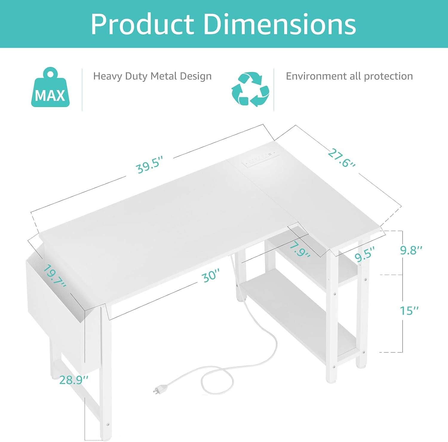 White 40 Inch L Shaped Computer Desk With Power Outlets
