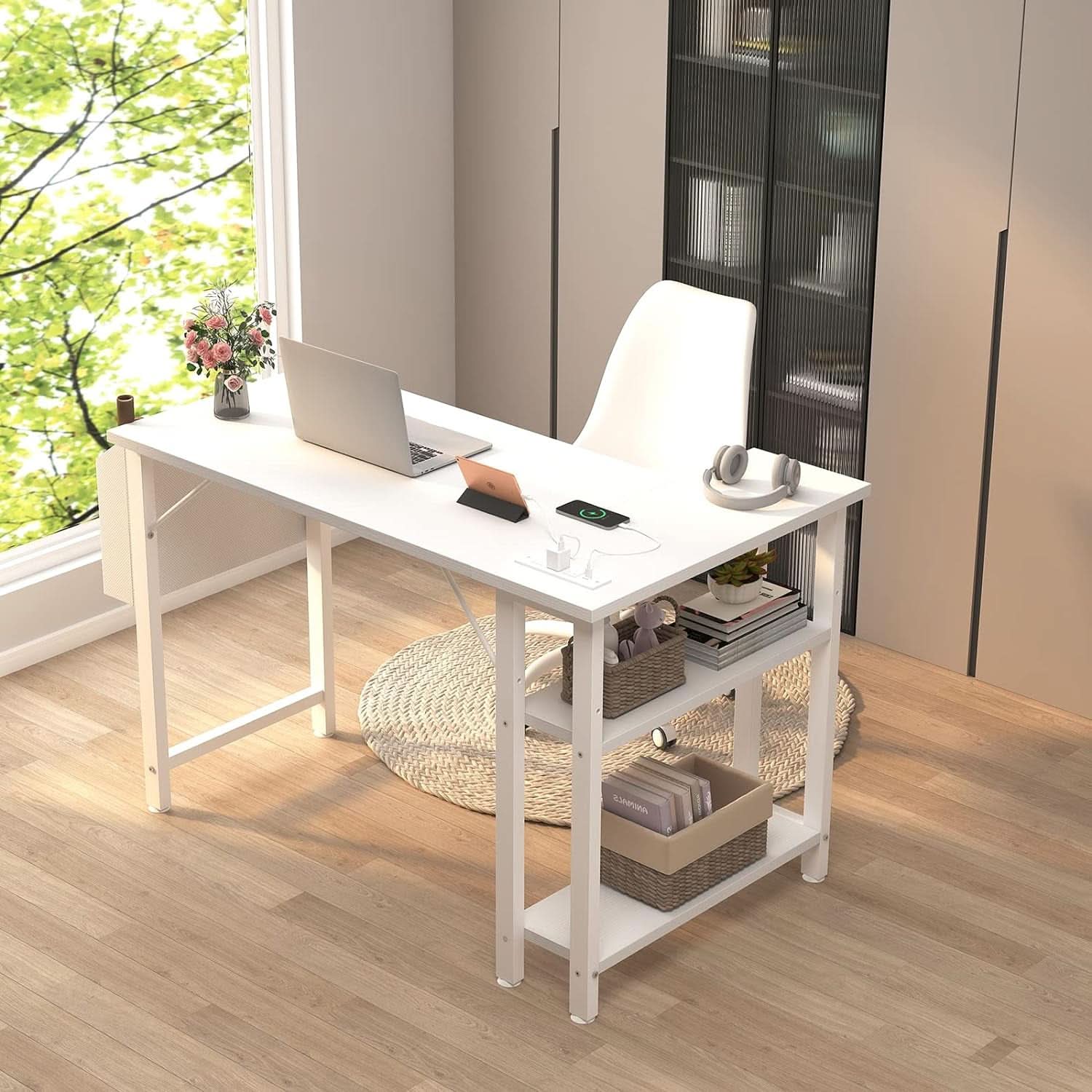 White 40 Inch L Shaped Computer Desk With Power Outlets
