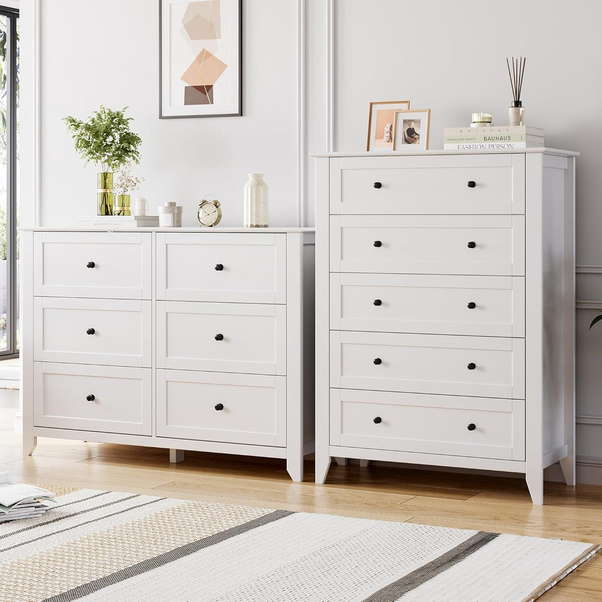 White 42 Inch Tall Dresser With Five Drawers For Bedroom Storage