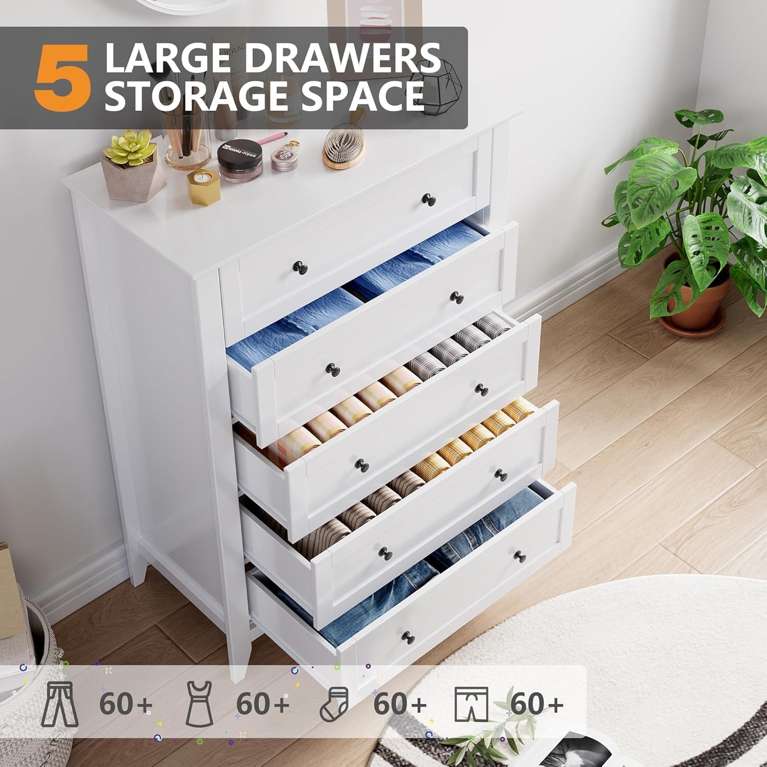 White 42 Inch Tall Dresser With Five Drawers For Bedroom Storage