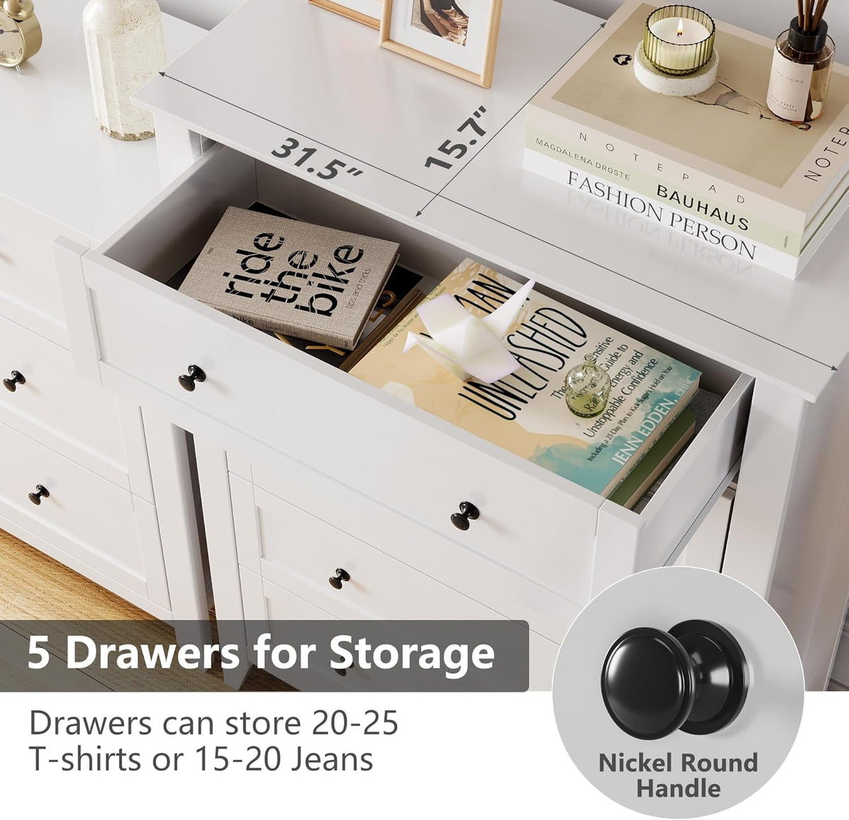 White 42 Inch Tall Dresser With Five Drawers For Bedroom Storage