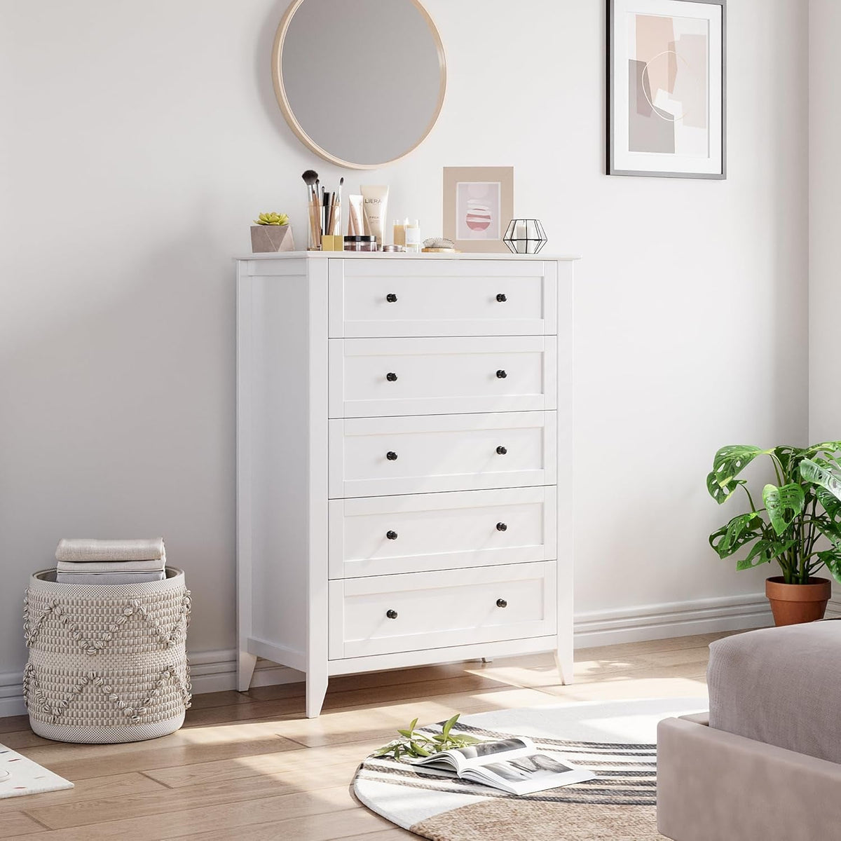 White 42 Inch Tall Dresser With Five Drawers For Bedroom Storage
