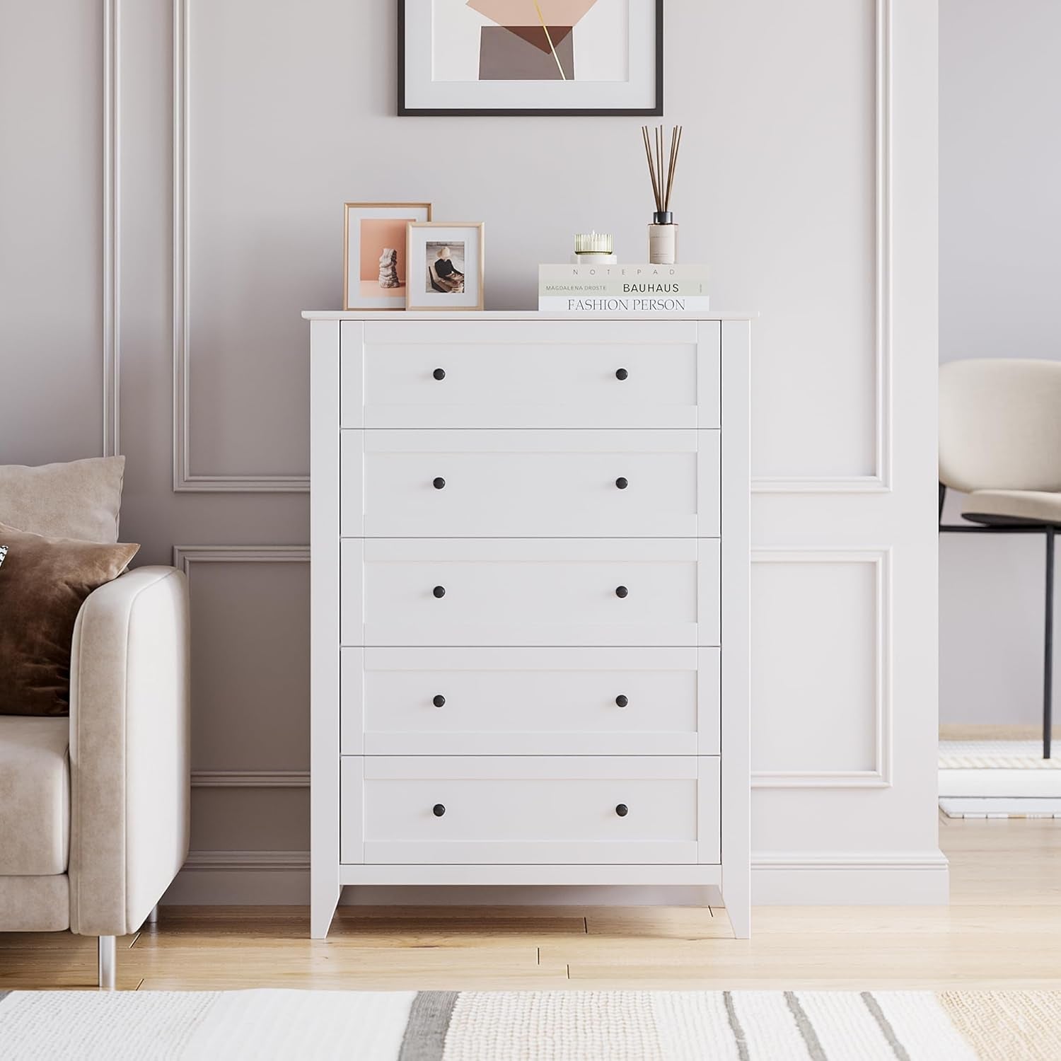 White 42 Inch Tall Dresser With Five Drawers For Bedroom Storage