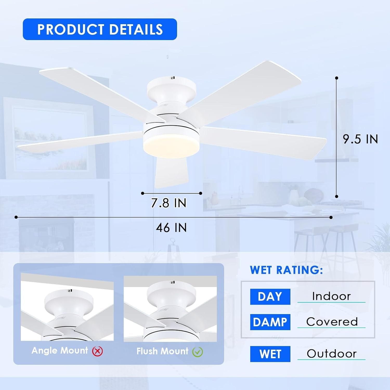 White 46 Inch Flush Mount Ceiling Fan With Lights Dimmable