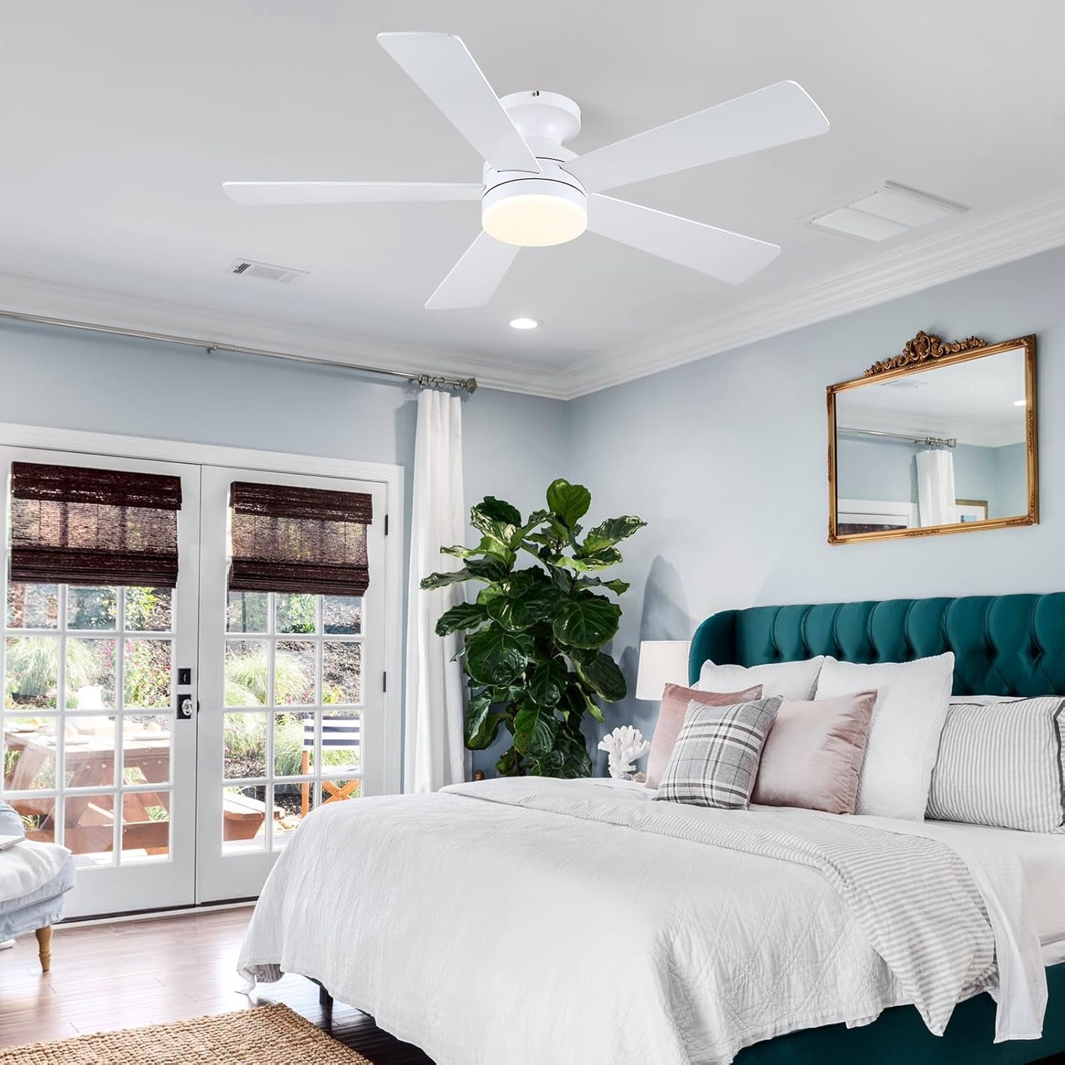 White 46 Inch Flush Mount Ceiling Fan With Lights Dimmable