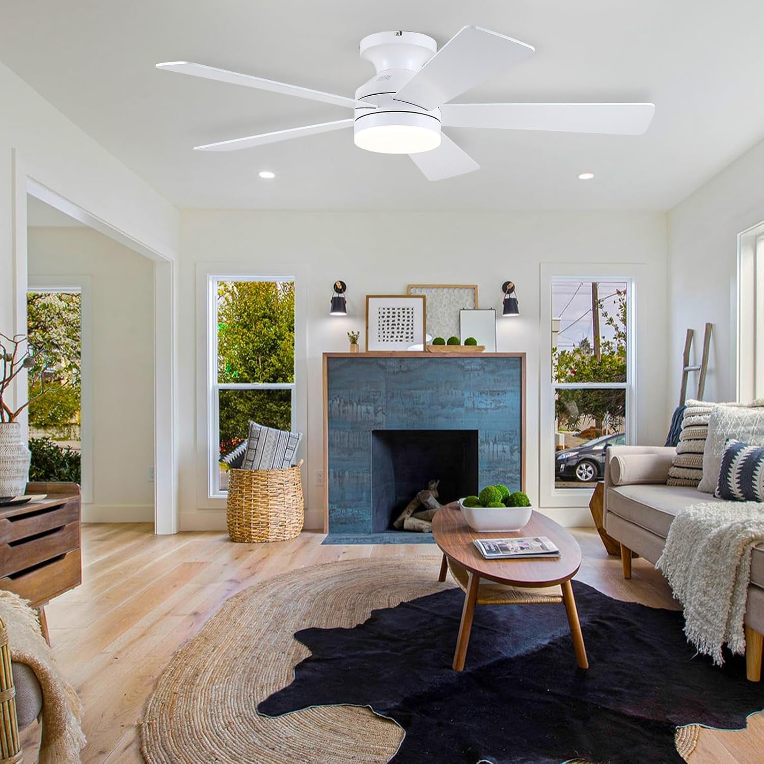 White 46 Inch Flush Mount Ceiling Fan With Lights Dimmable