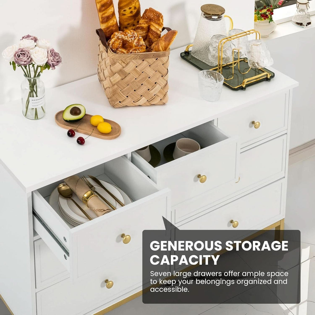 White 47 Inch 7 Drawer Dresser With Deep Drawers Storage