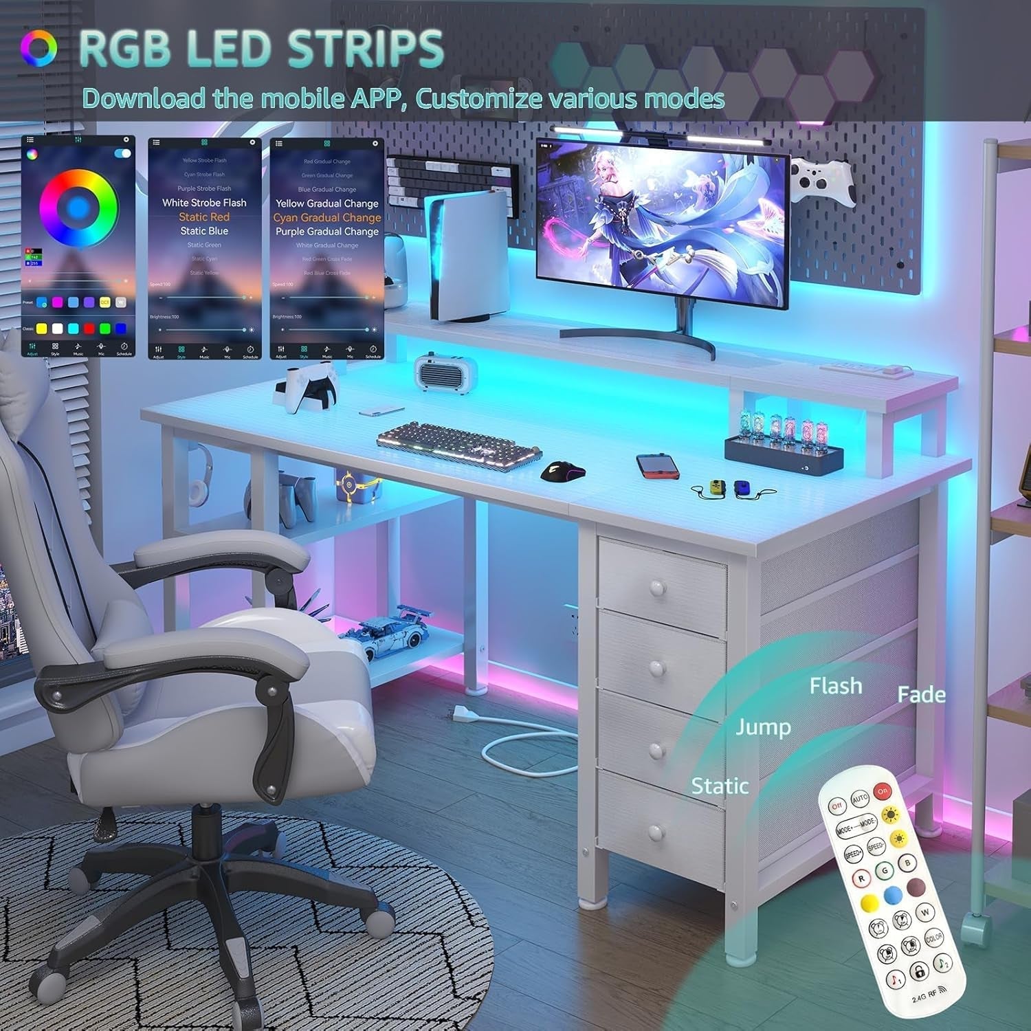 White 47 Inch Computer Gaming Desk With Monitor Stand And Power Outlets