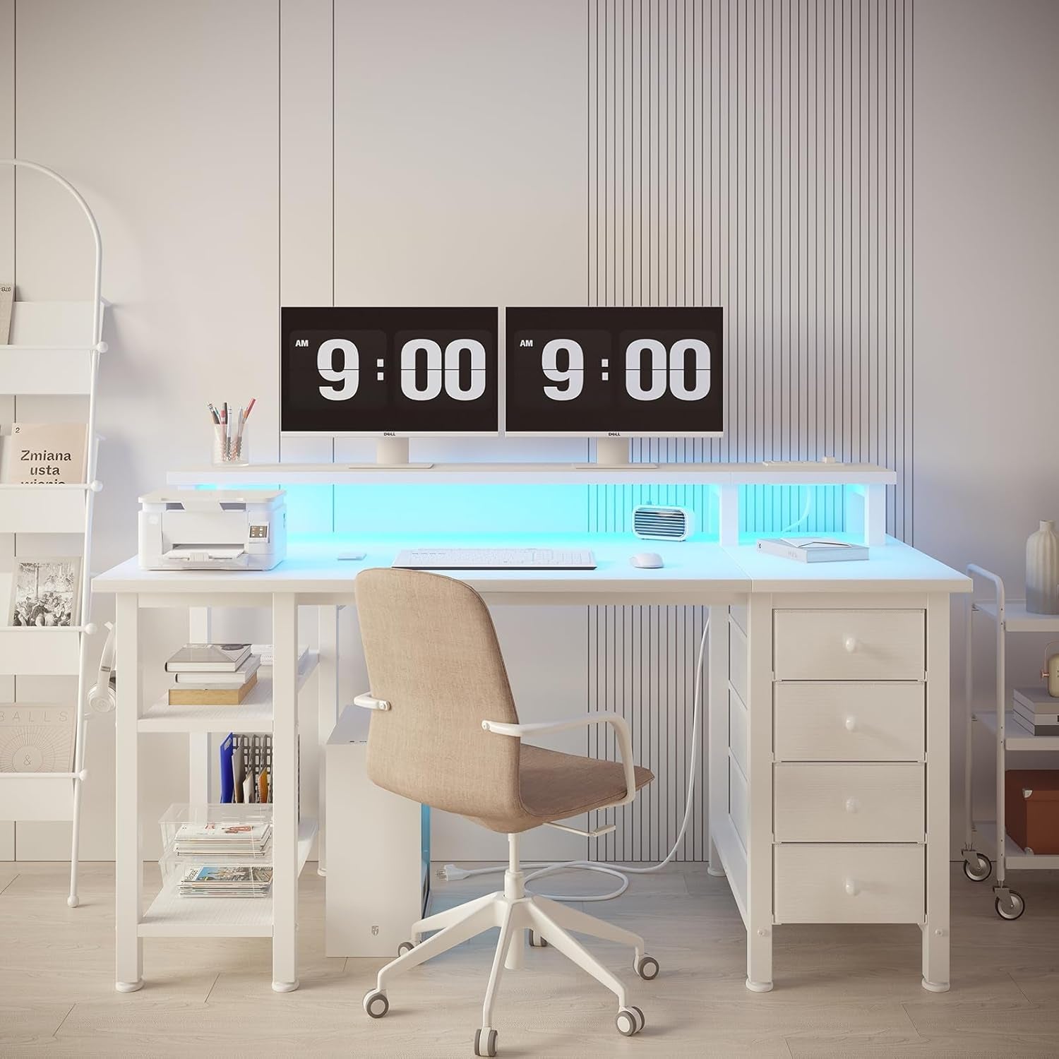 White 47 Inch Computer Gaming Desk With Monitor Stand And Power Outlets