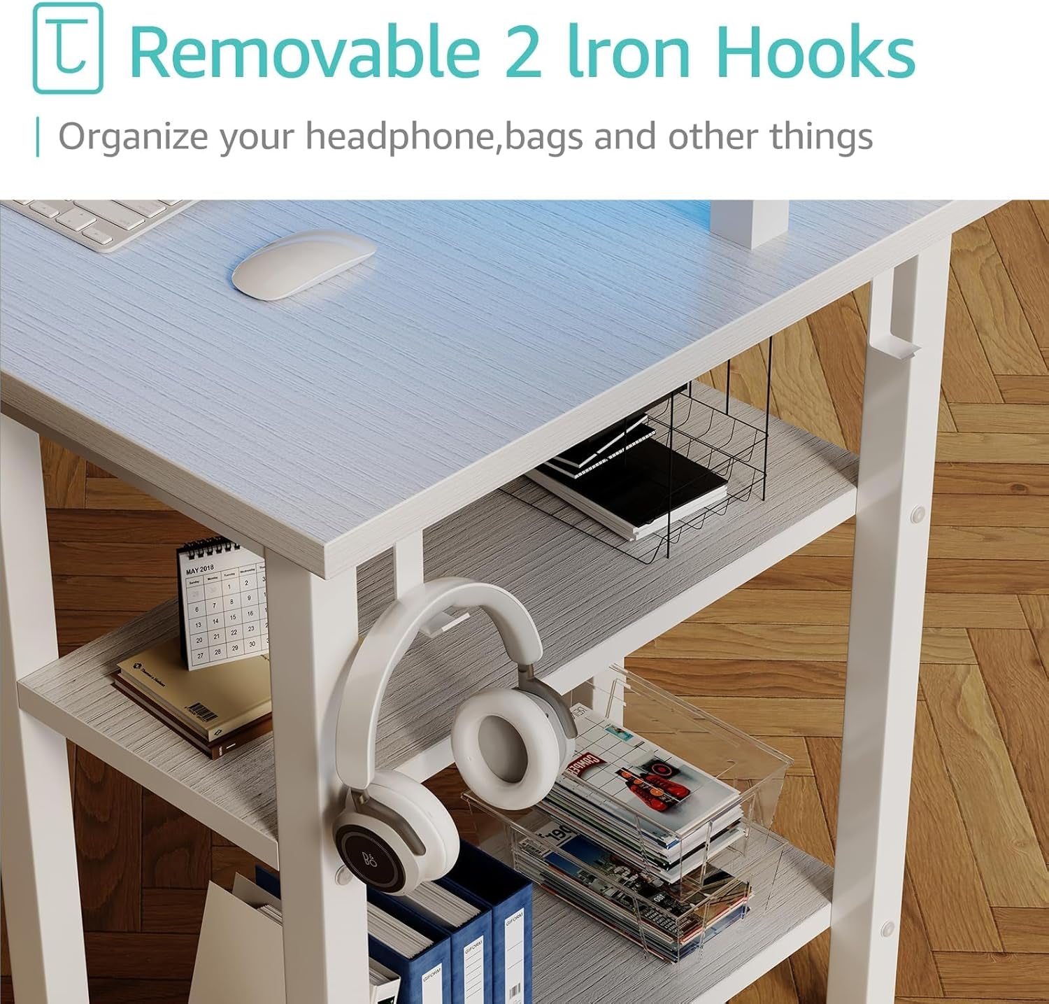 White 47 Inch Computer Gaming Desk With Monitor Stand And Power Outlets