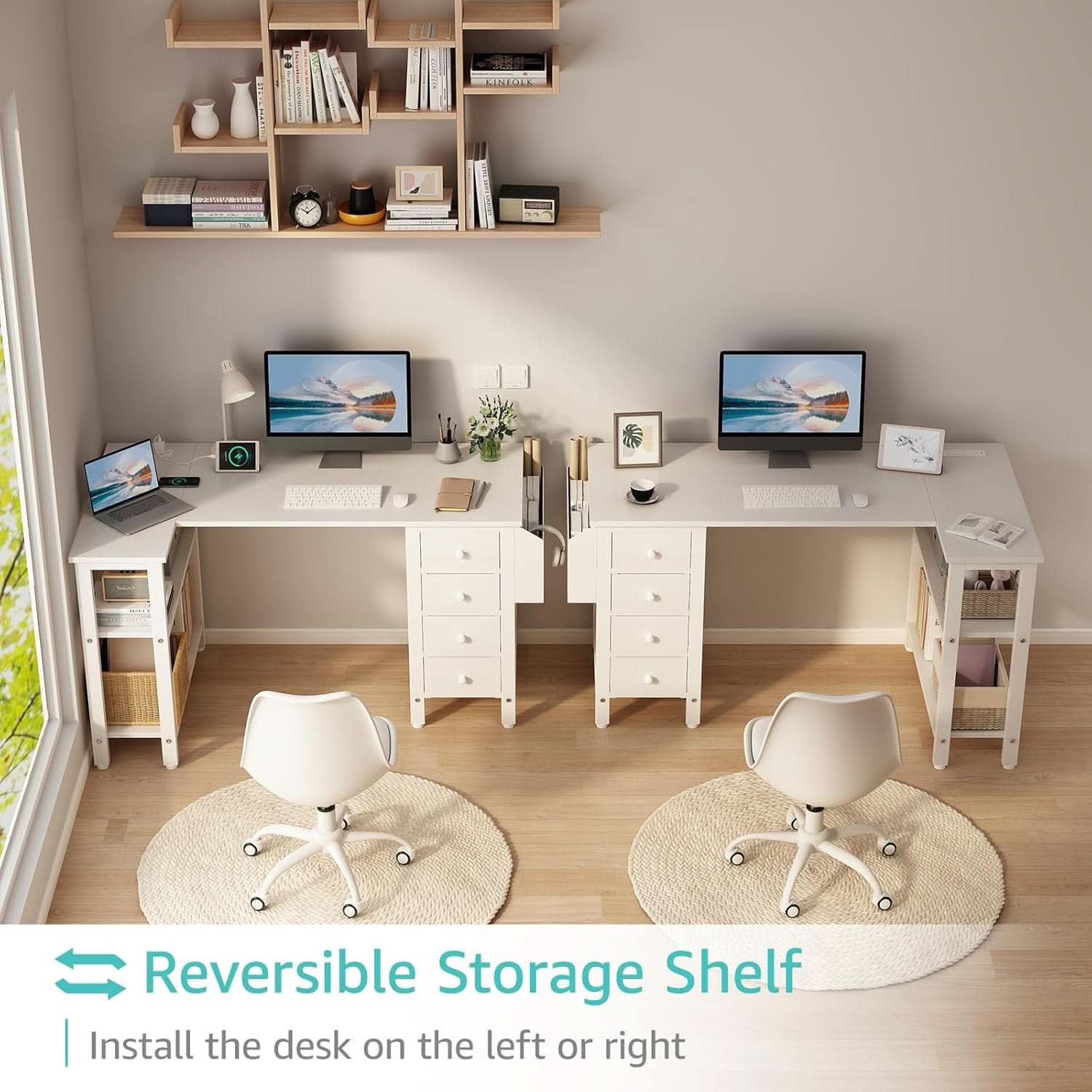 White 47 Inch L Shaped Corner Desk With Reversible Storage