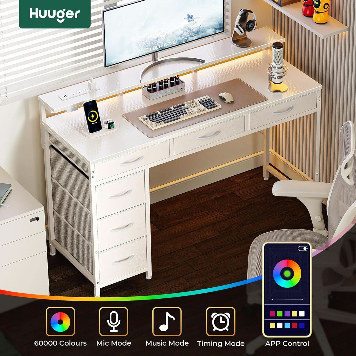 White 47 Inch LED Gaming Desk With 6 Drawers USB Type C