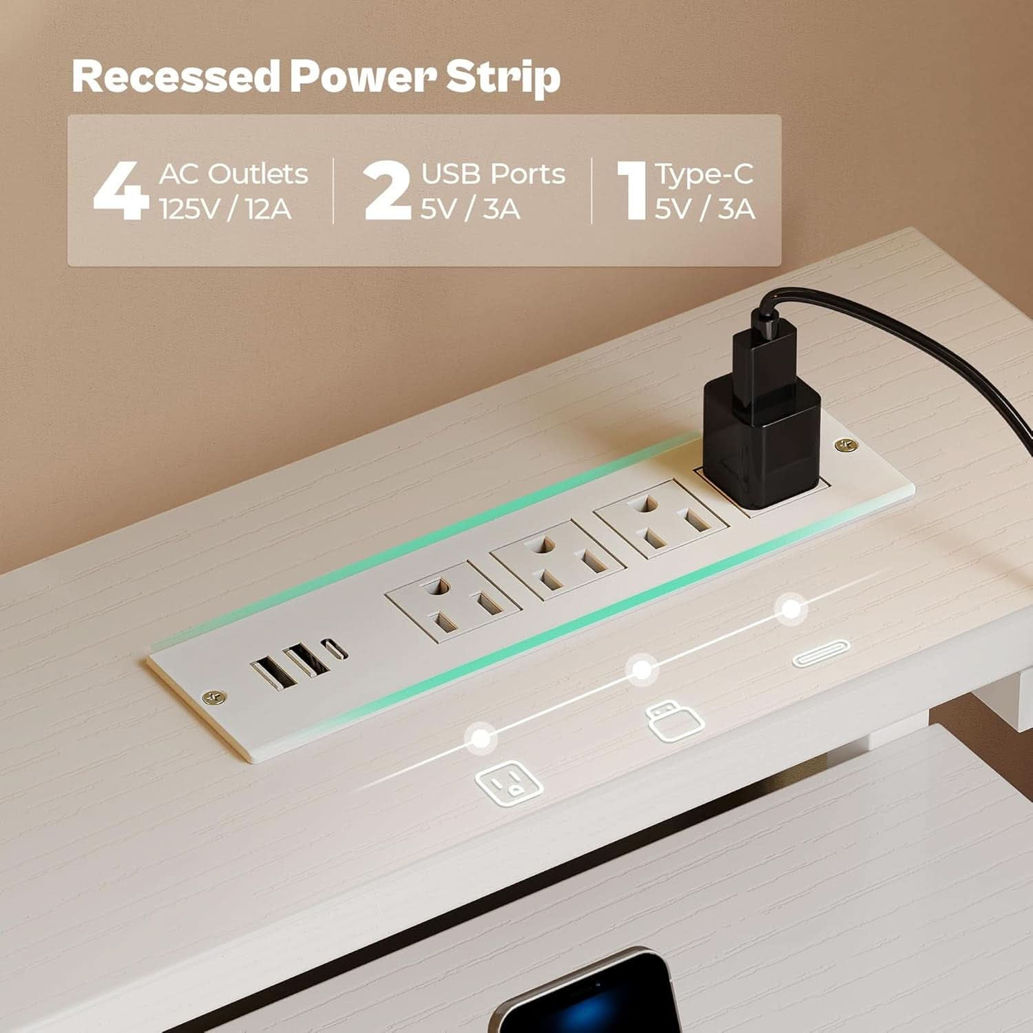 White 47 Inch LED Gaming Desk With 6 Drawers USB Type C