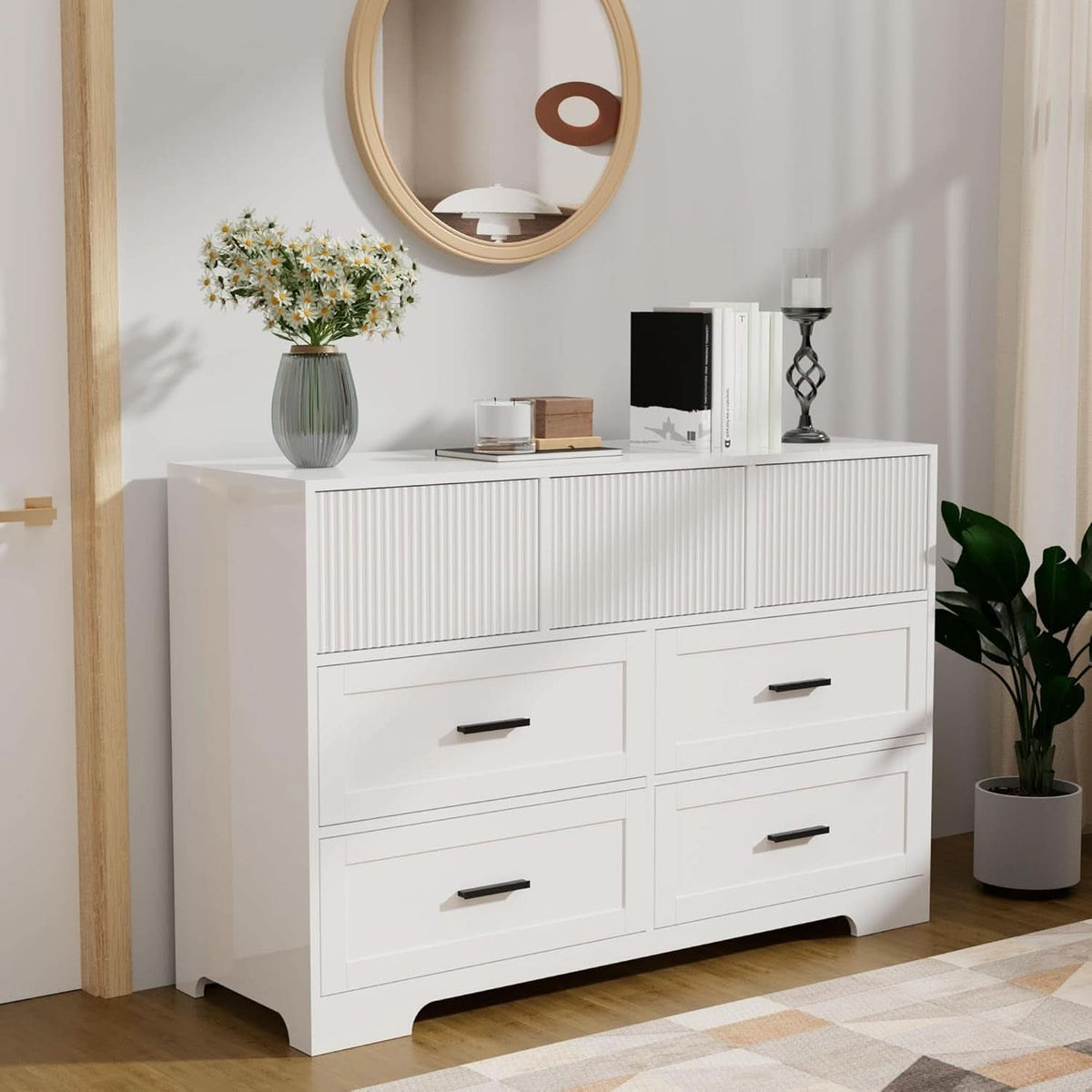 White 47Inch ContemporaryDresser With SevenDrawers