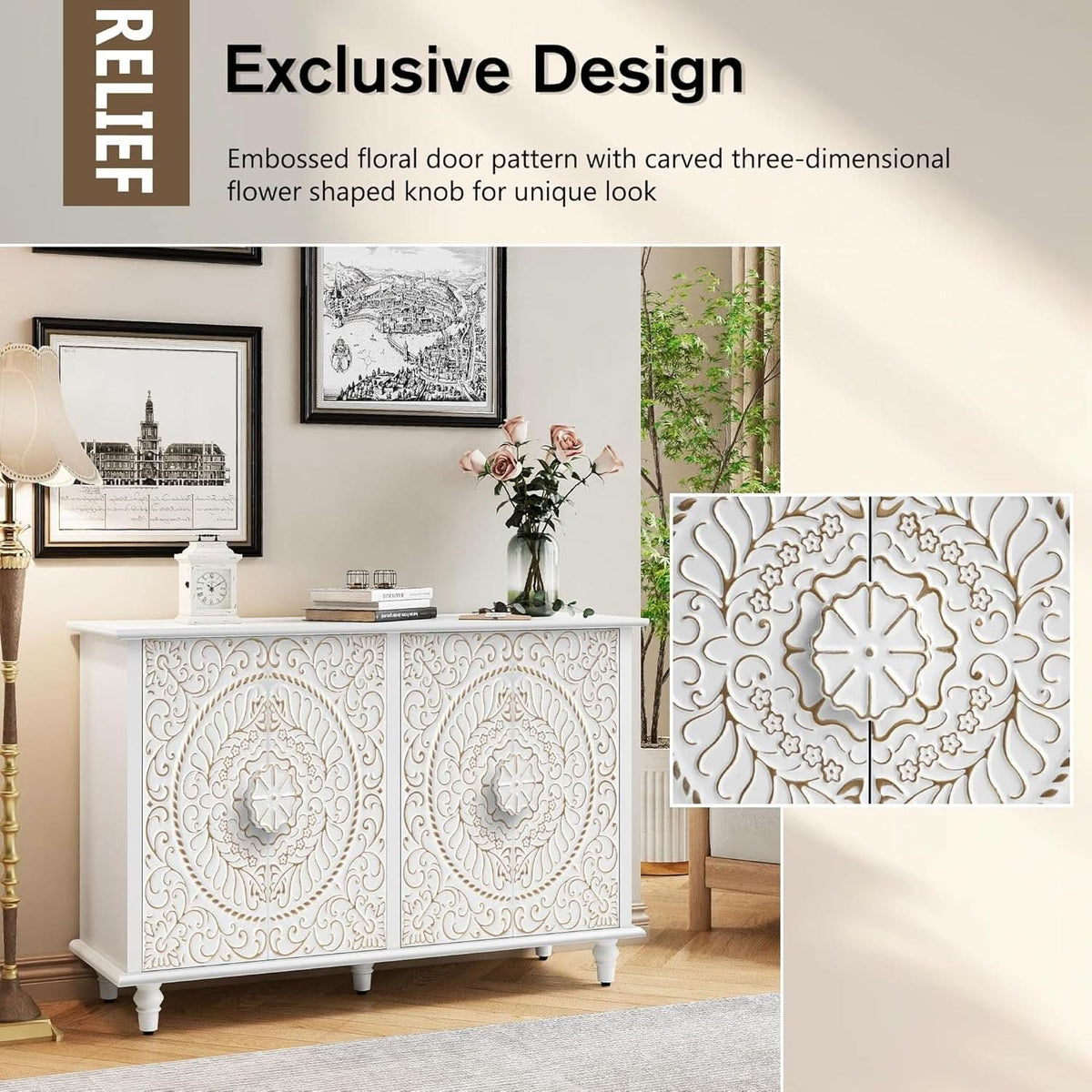 White 48 Inch Sideboard Cabinet With Embossed Doors