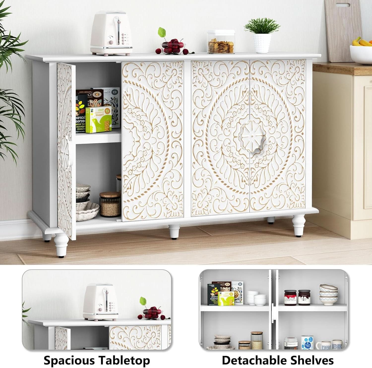 White 48 Inch Sideboard Cabinet With Embossed Doors