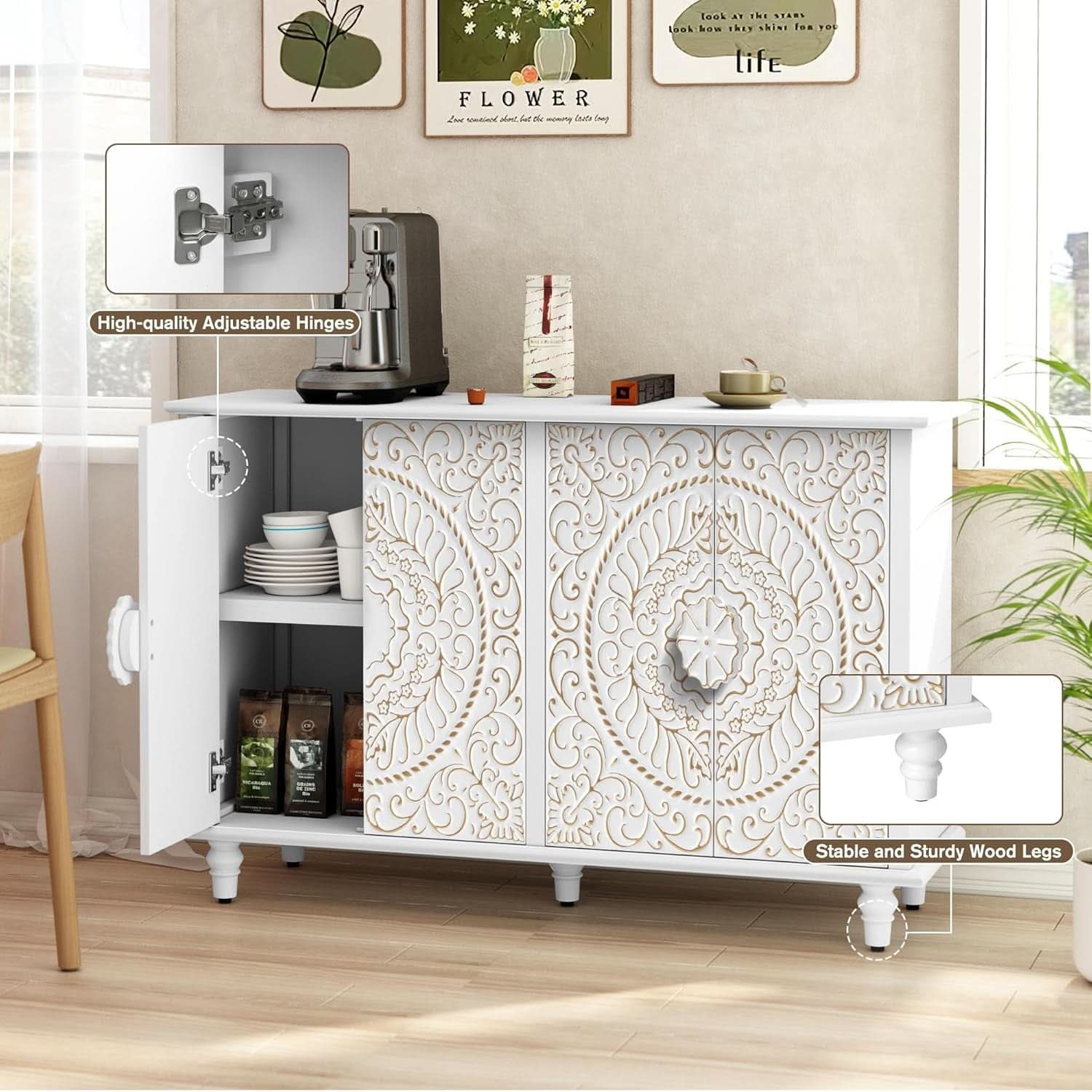 White 48 Inch Sideboard Cabinet With Embossed Doors