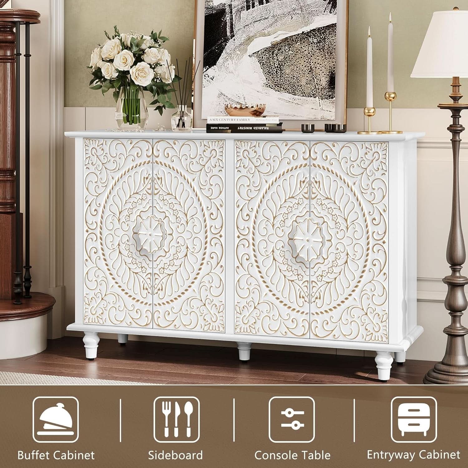 White 48 Inch Sideboard Cabinet With Embossed Doors