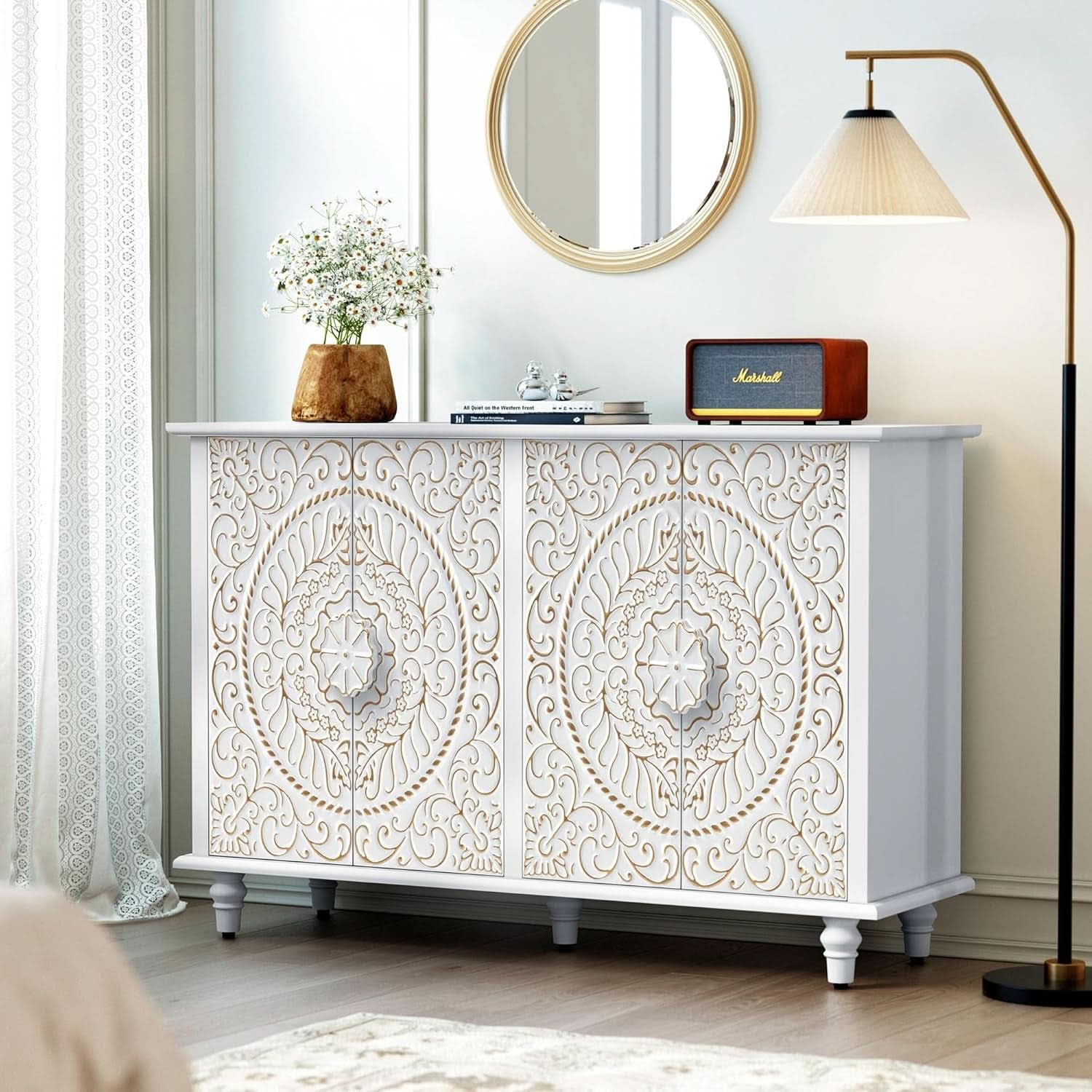 White 48 Inch Sideboard Cabinet With Embossed Doors