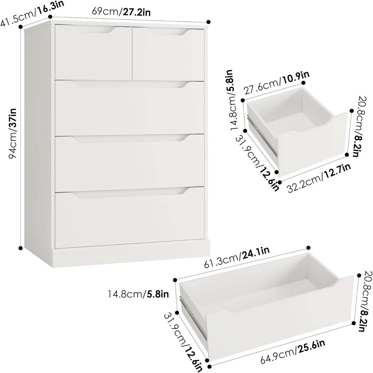 White 5 Drawer Dresser For Bedroom Storage Organizer
