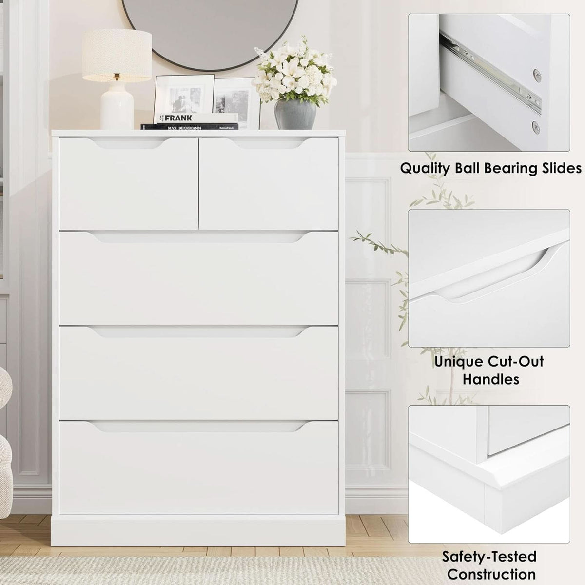 White 5 Drawer Dresser For Bedroom Storage Organizer
