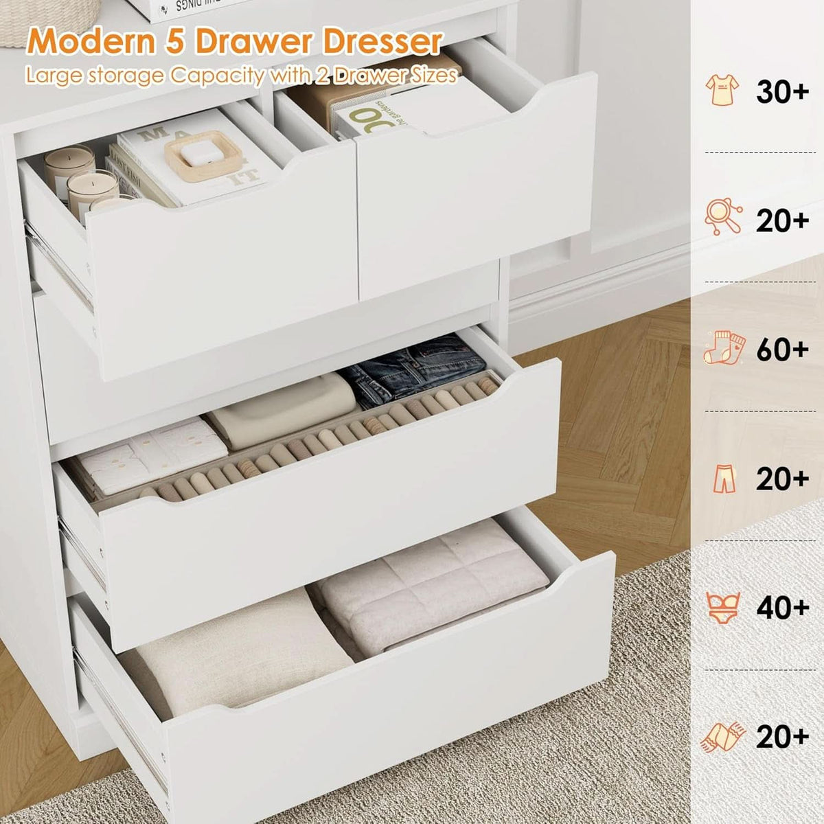 White 5 Drawer Dresser For Bedroom Storage Organizer