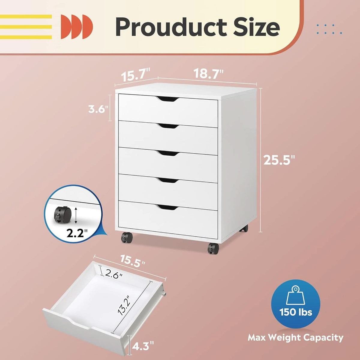 White 5 Drawer Wood File Cabinet With Wheels For Office