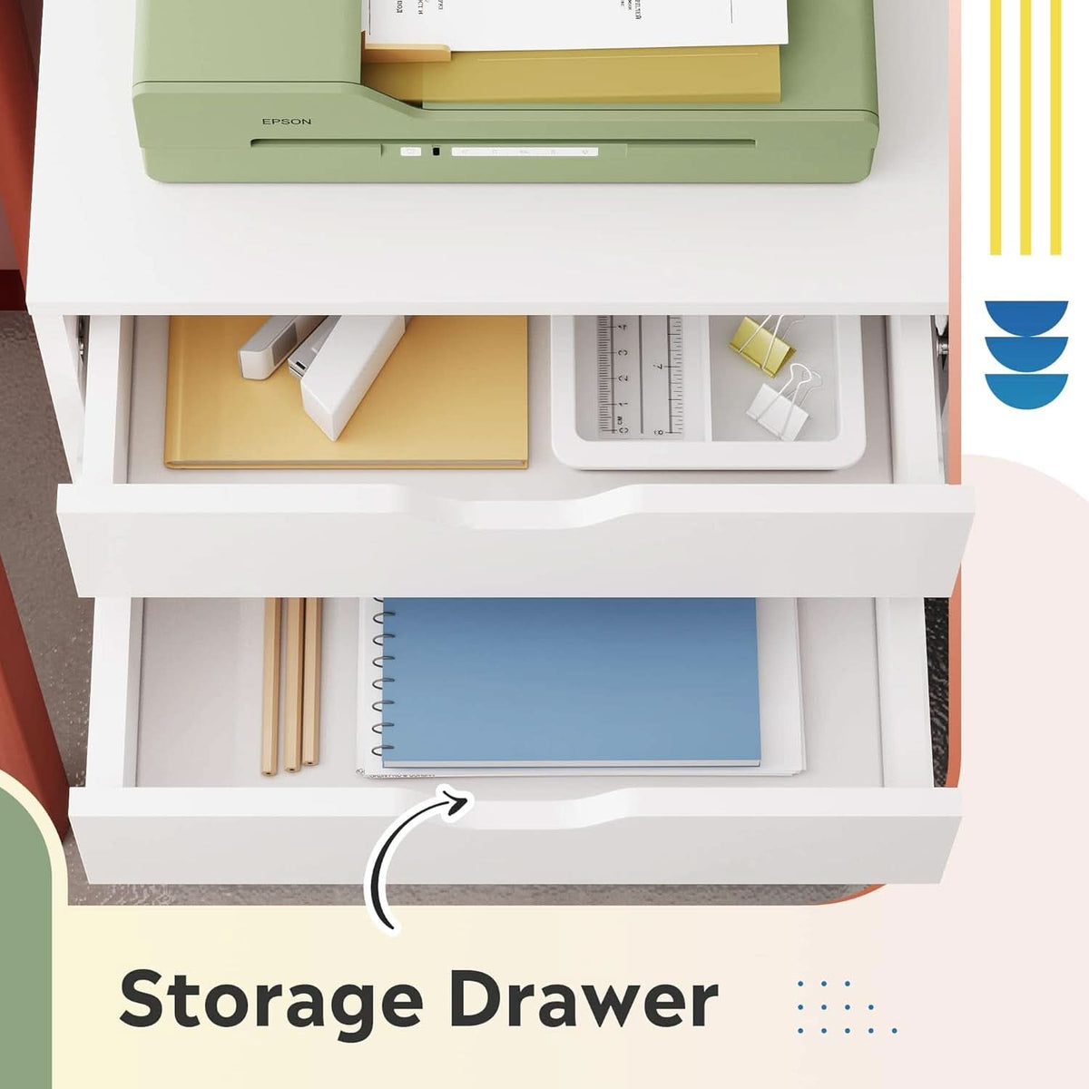 White 5 Drawer Wood File Cabinet With Wheels For Office