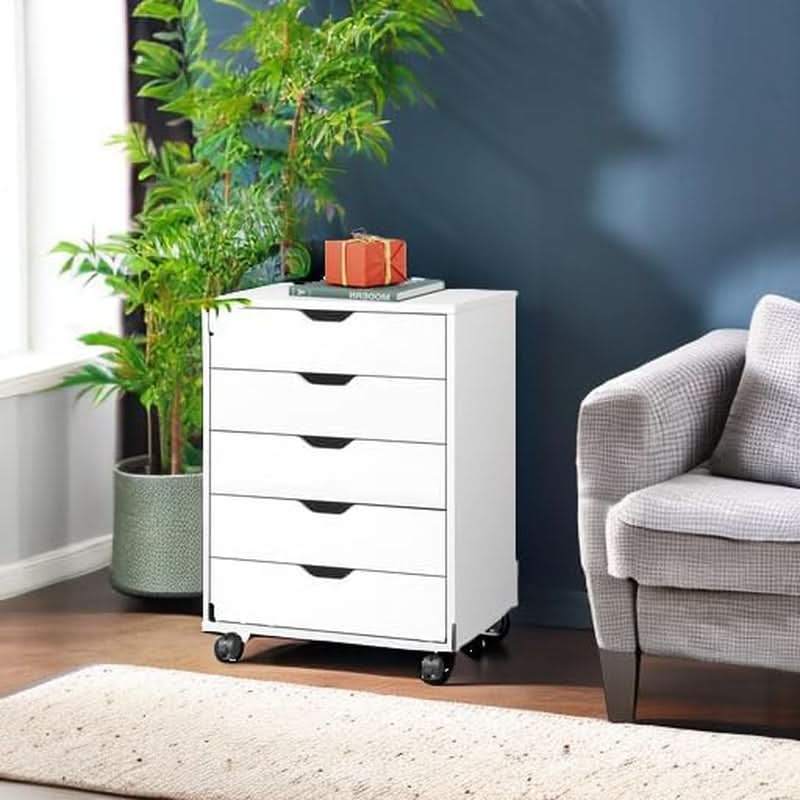 White 5 Drawer Wood File Cabinet With Wheels For Office
