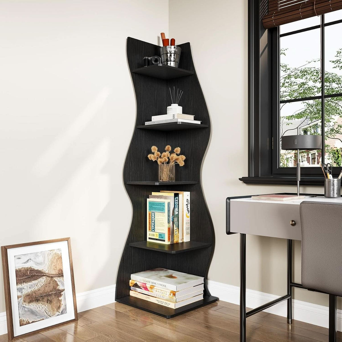 White 5 Tier Corner Shelf Wall Bookcase For Small Spaces
