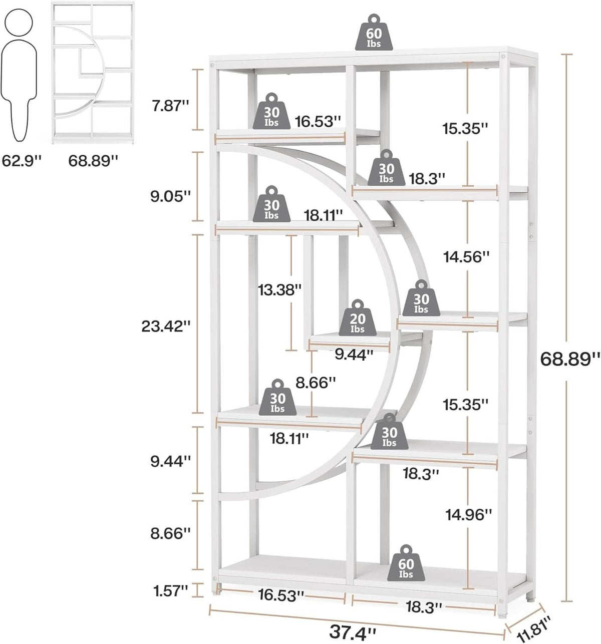 White 5 Tier Etagere Bookshelf Open Shelves Display