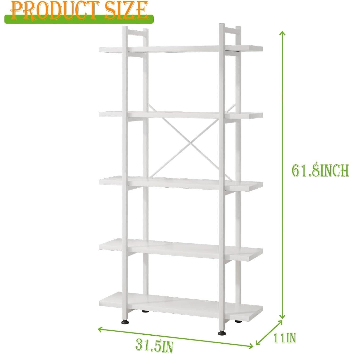 White 5 Tier Wooden Bookcase Tall Storage Organizer