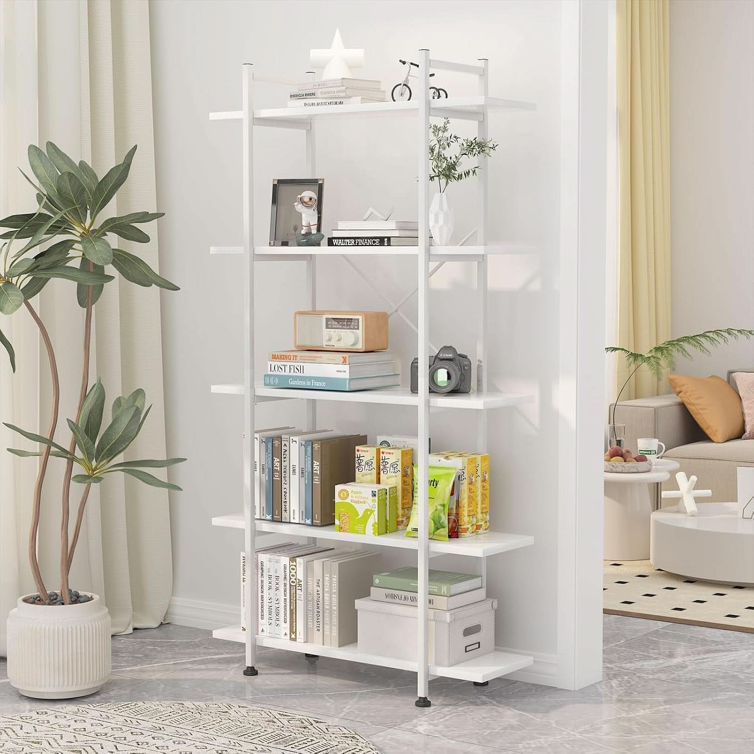 White 5 Tier Wooden Bookcase Tall Storage Organizer