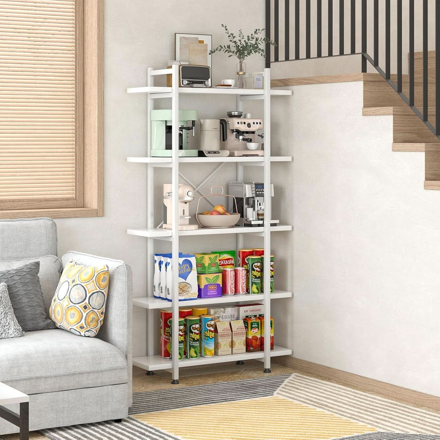 White 5 Tier Wooden Bookcase Tall Storage Organizer