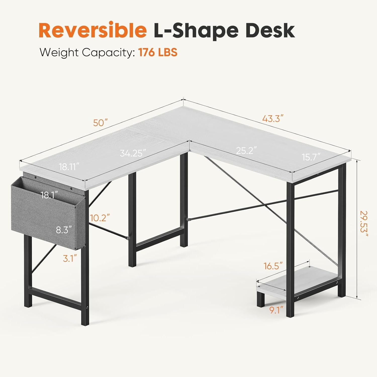 White 50 Inch L Shaped Gaming Desk for Home Office