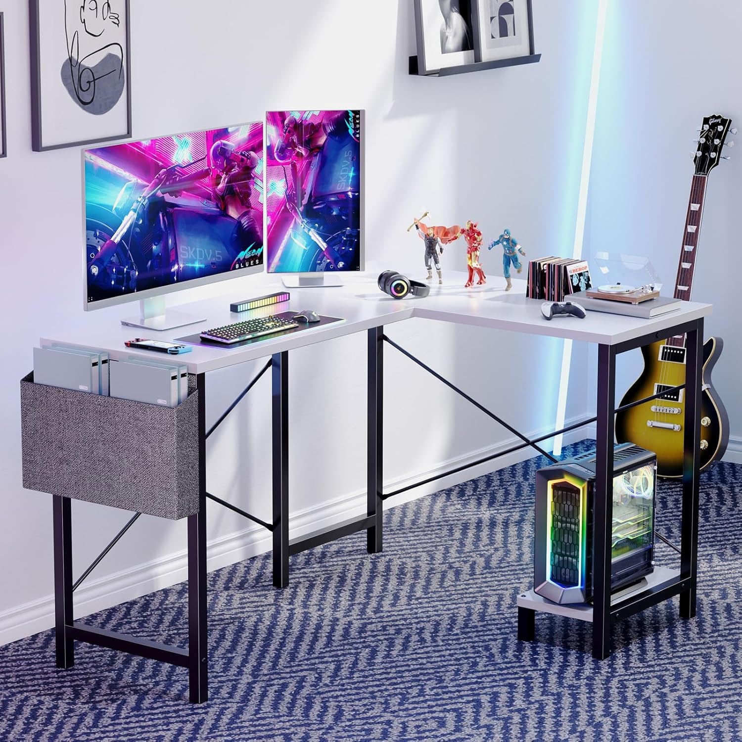 White 50 Inch L Shaped Gaming Desk for Home Office