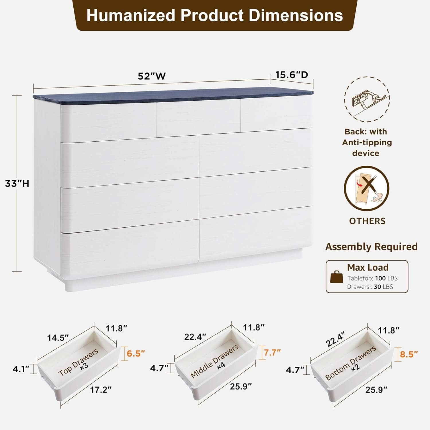 White 52 Inch Handleless Nine Drawer Dresser With Storage