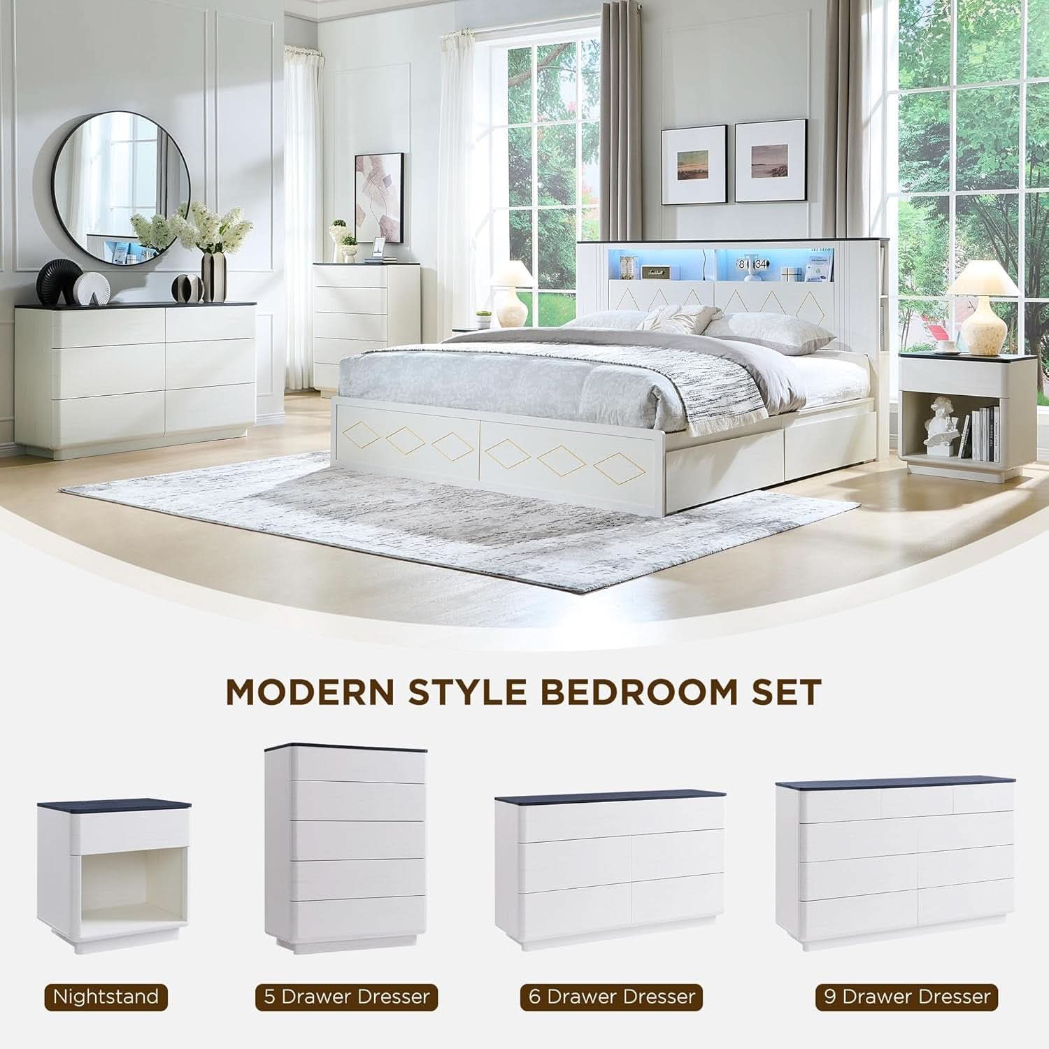 White 52 Inch Handleless Nine Drawer Dresser With Storage