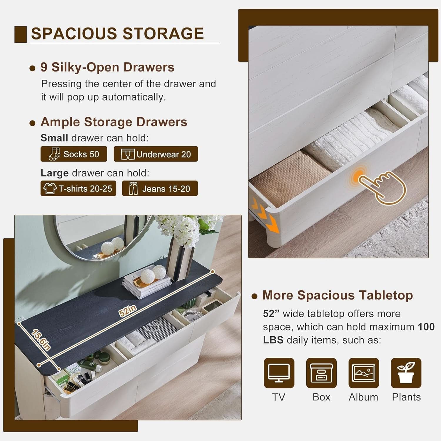 White 52 Inch Handleless Nine Drawer Dresser With Storage