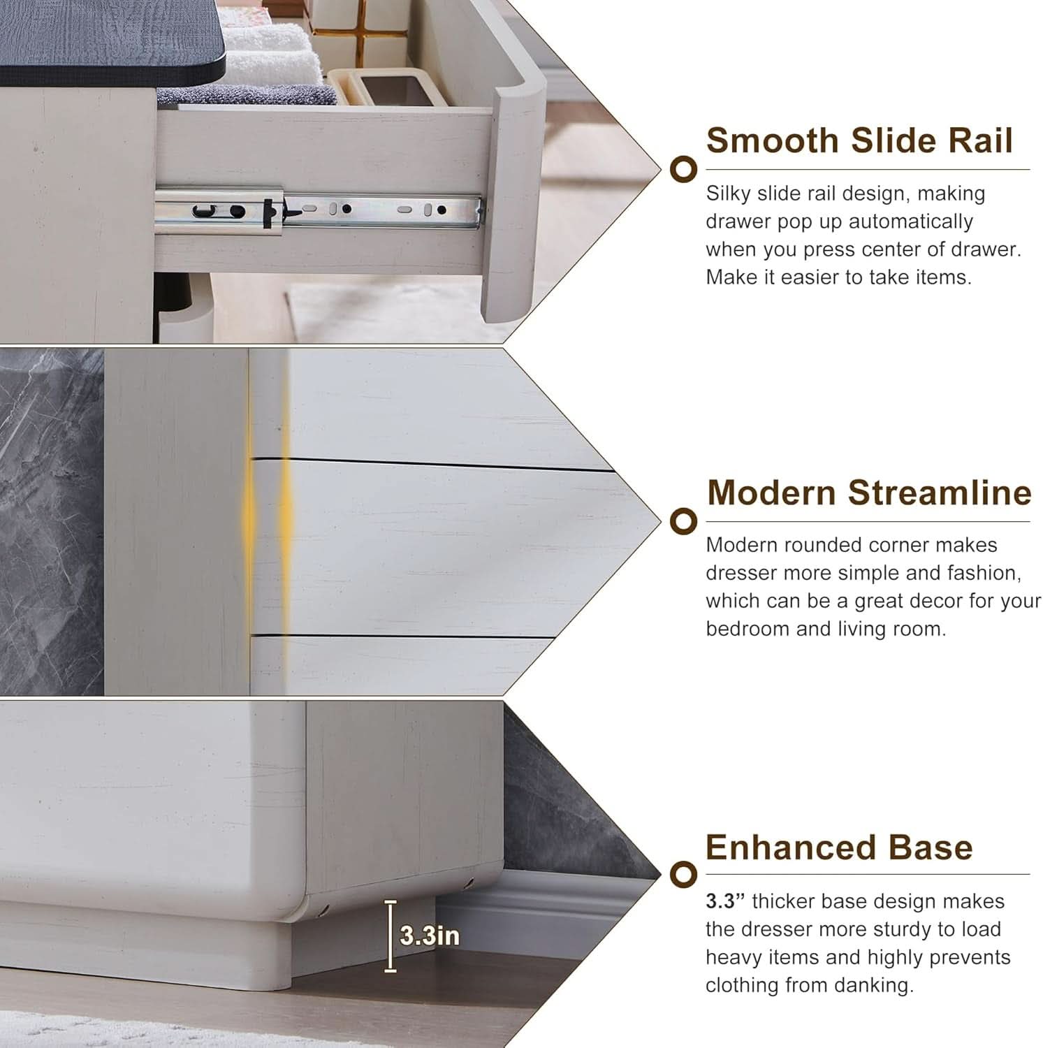 White 52 Inch Handleless Nine Drawer Dresser With Storage