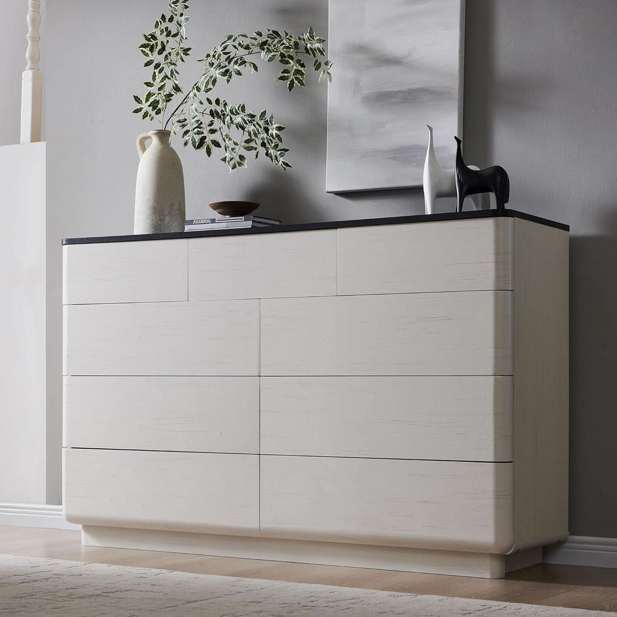 White 52 Inch Handleless Nine Drawer Dresser With Storage