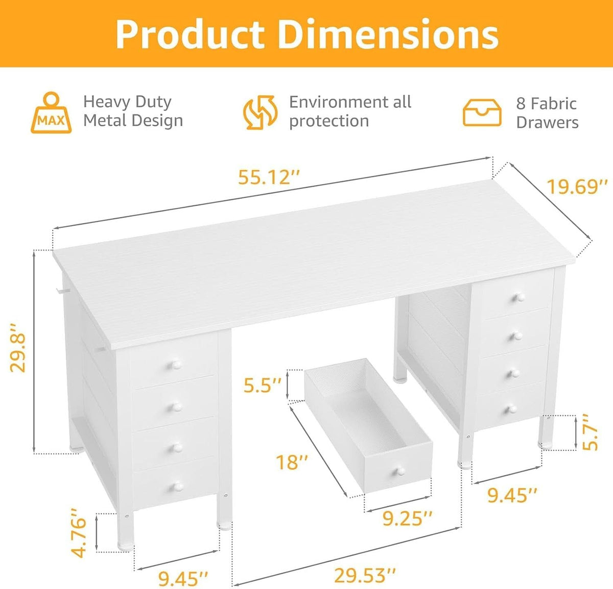 White 55 Inch Computer Desk With 8 Fabric Drawers Storage