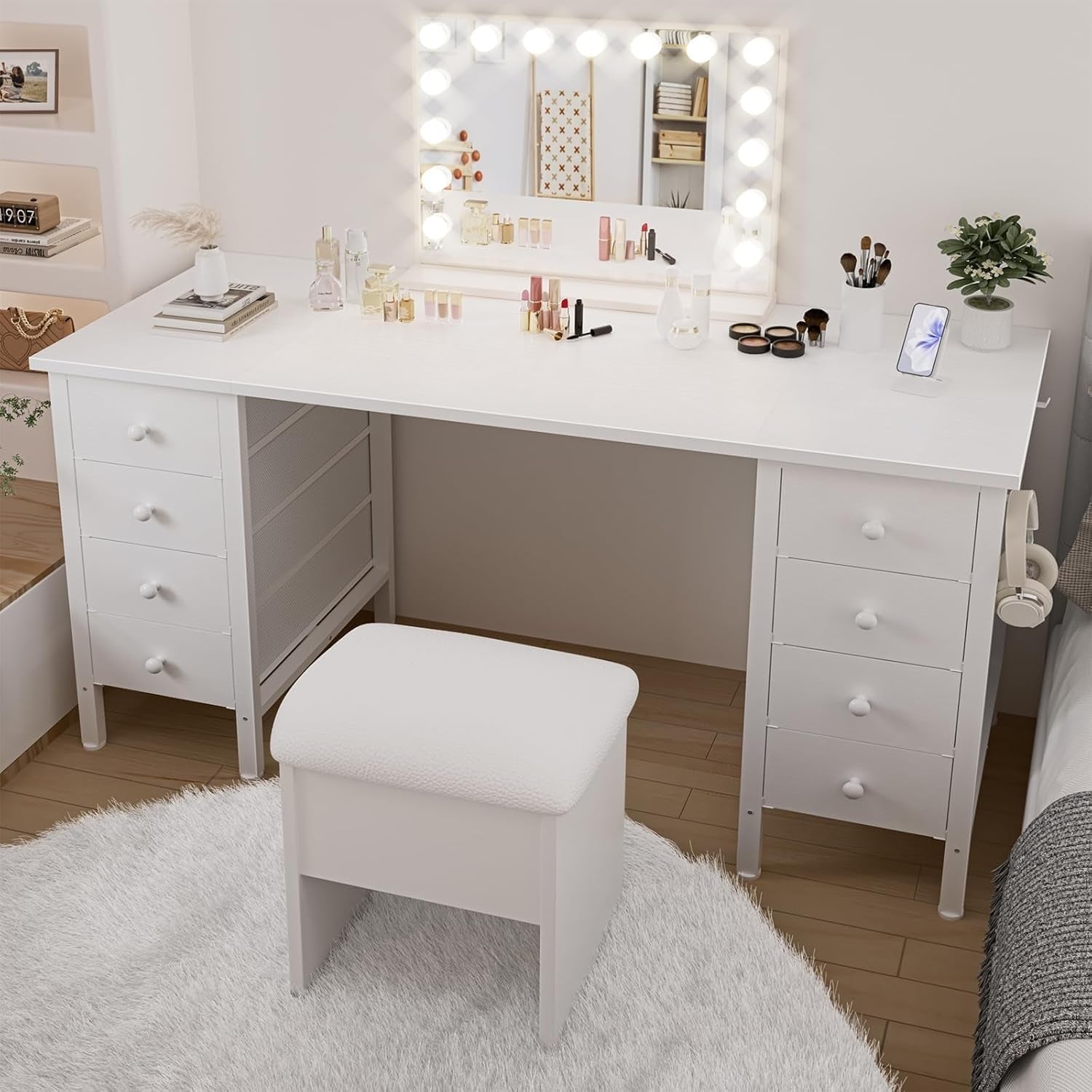 White 55 Inch Computer Desk With 8 Fabric Drawers Storage