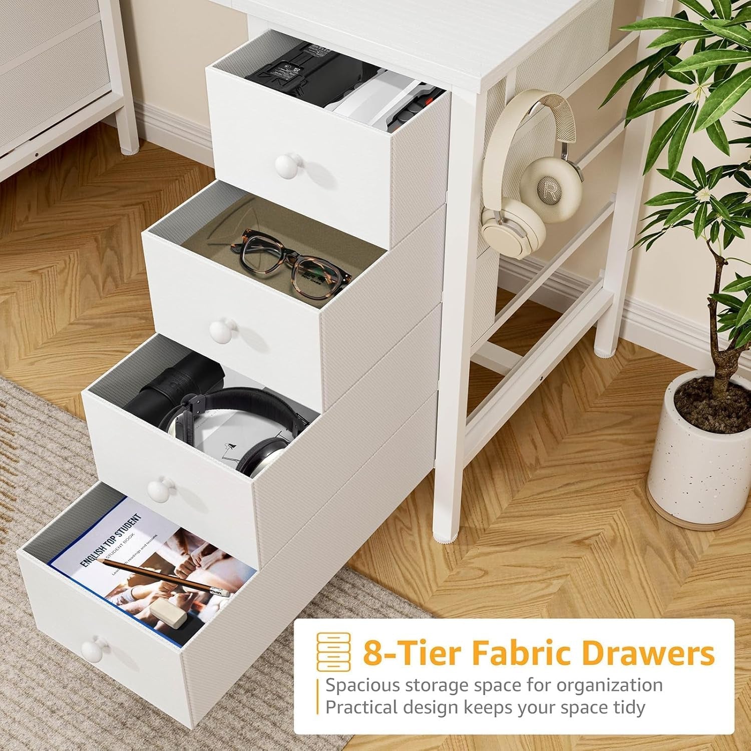 White 55 Inch Computer Desk With 8 Fabric Drawers Storage