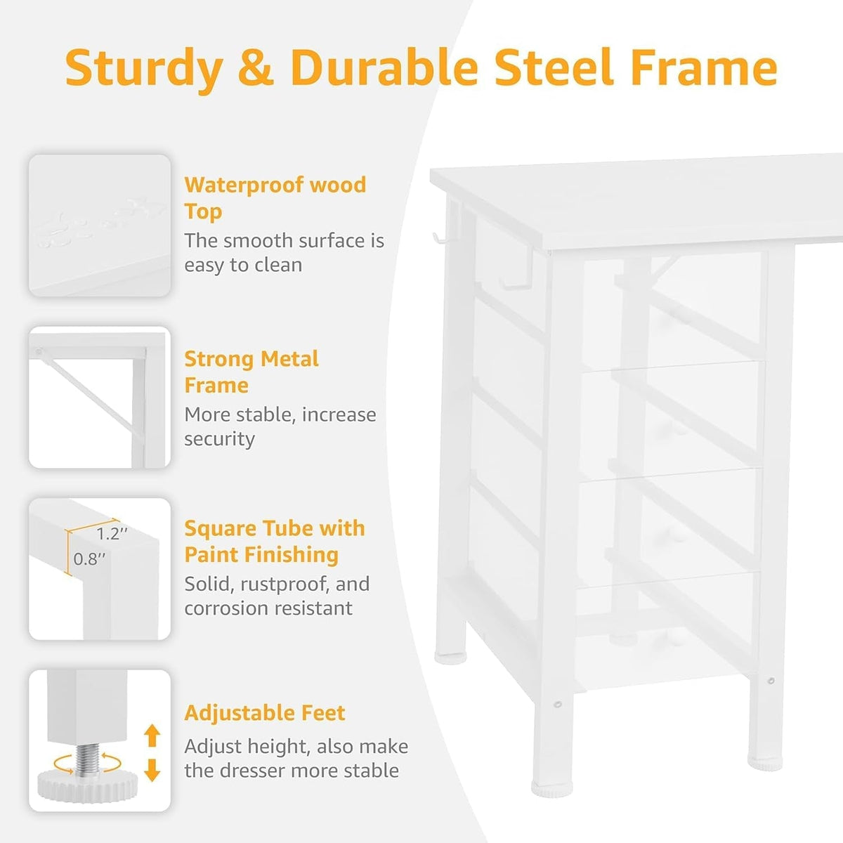 White 55 Inch Computer Desk With 8 Fabric Drawers Storage