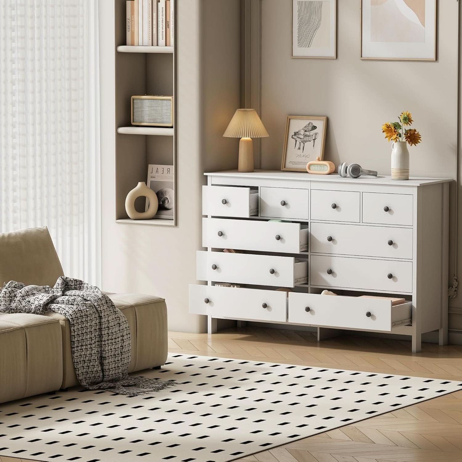 White 55 Inch Ten Drawer Dresser Modern Bedroom Storage