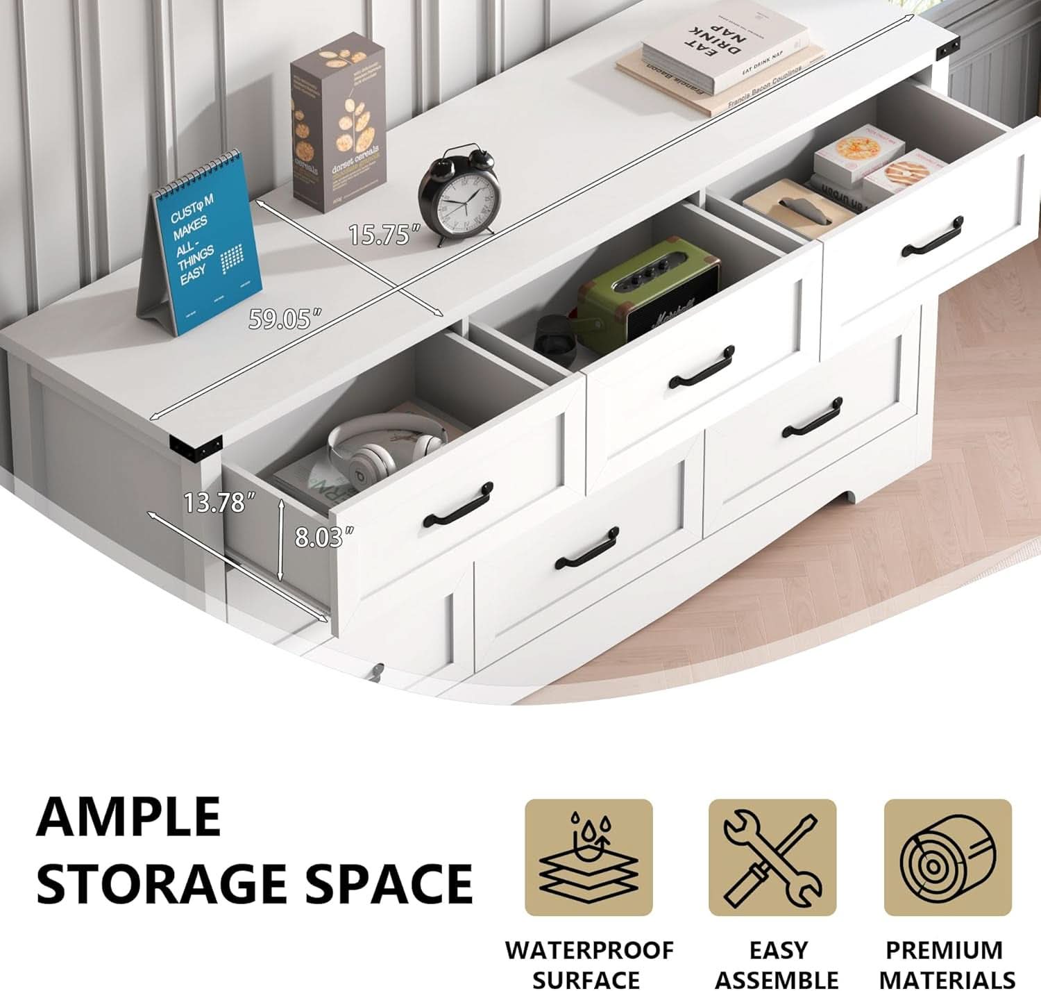 White 59 Inch Premium Modern Multicompartment Dresser