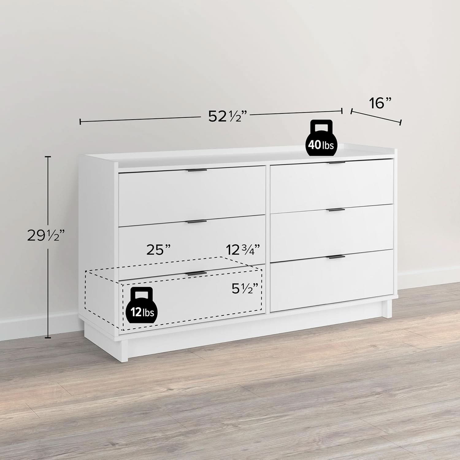 White 6 Drawer Dresser 52W Modern Bedroom Storage Solutions