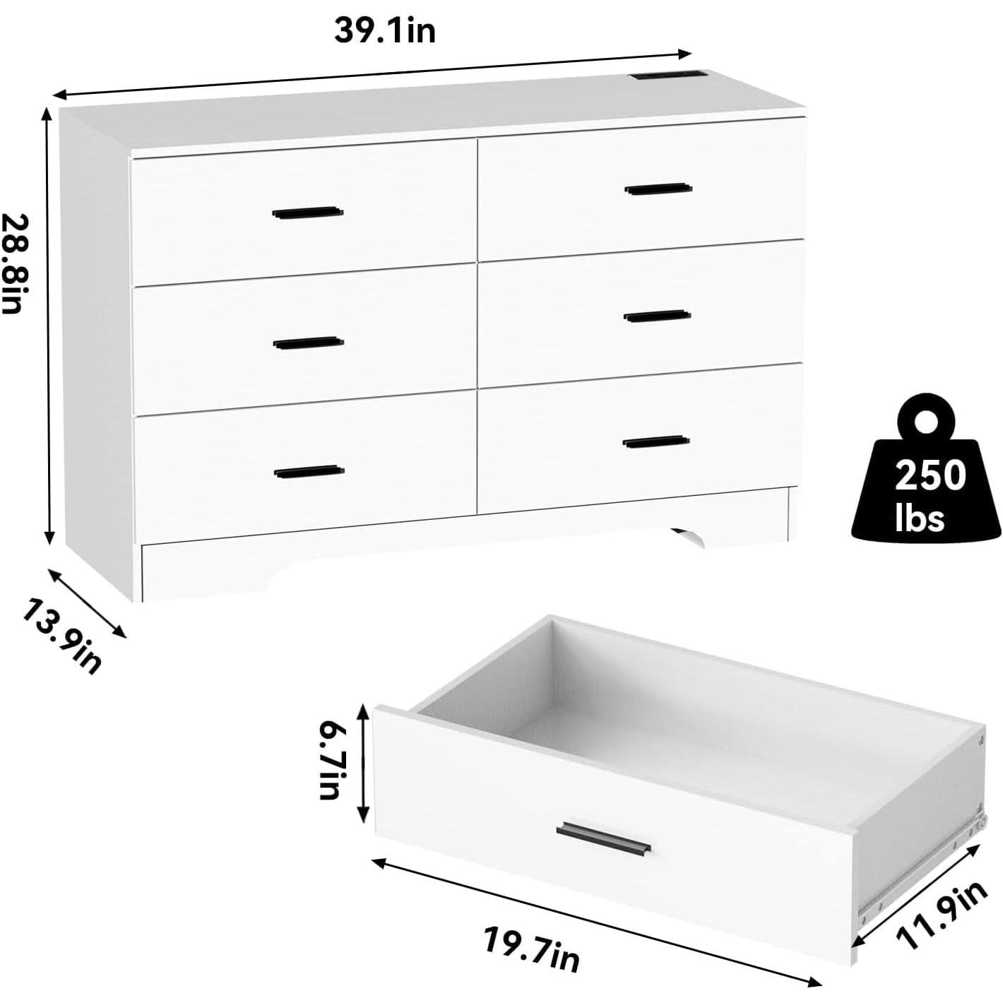 White 6 Drawer Dresser With Built In Charging Station