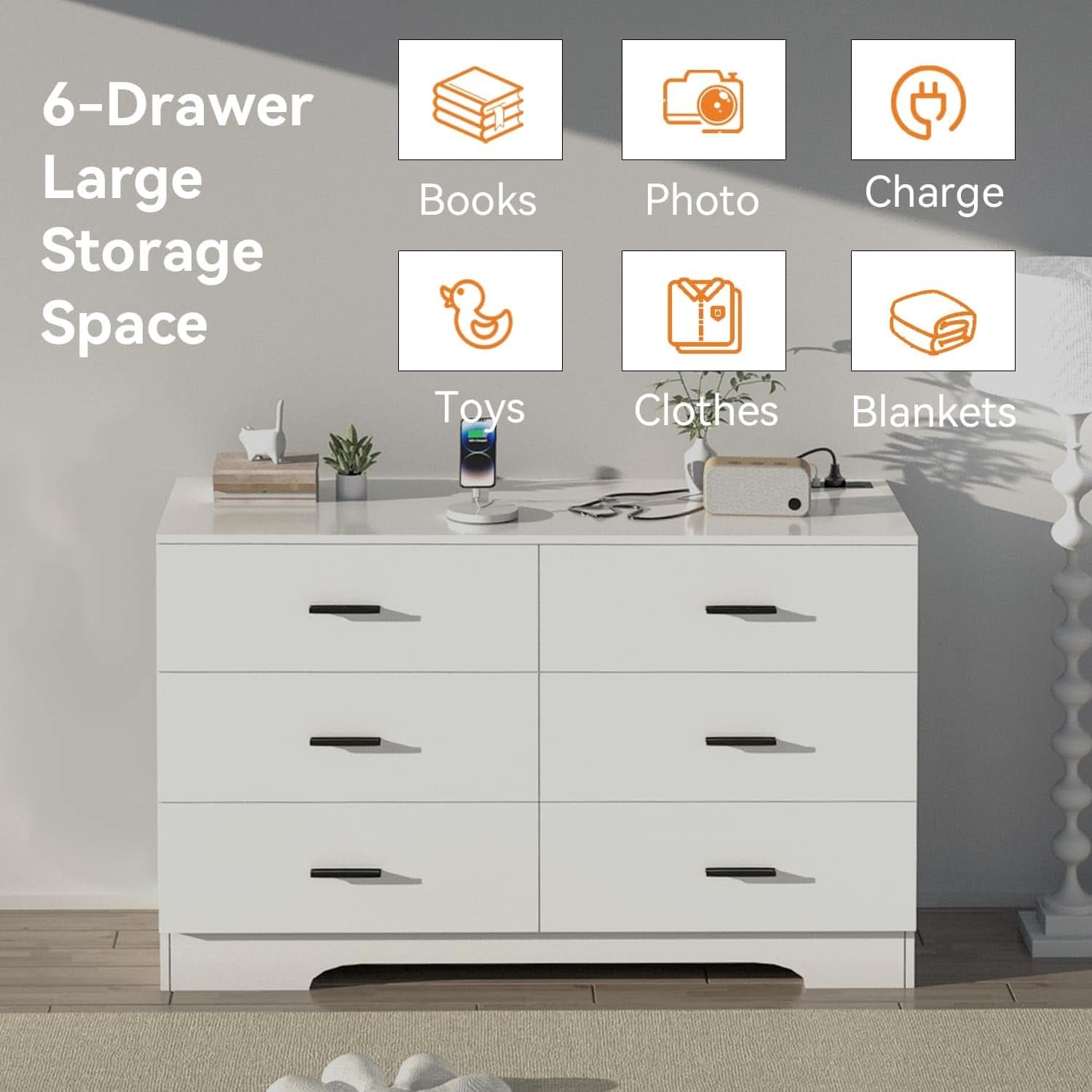 White 6 Drawer Dresser With Built In Charging Station